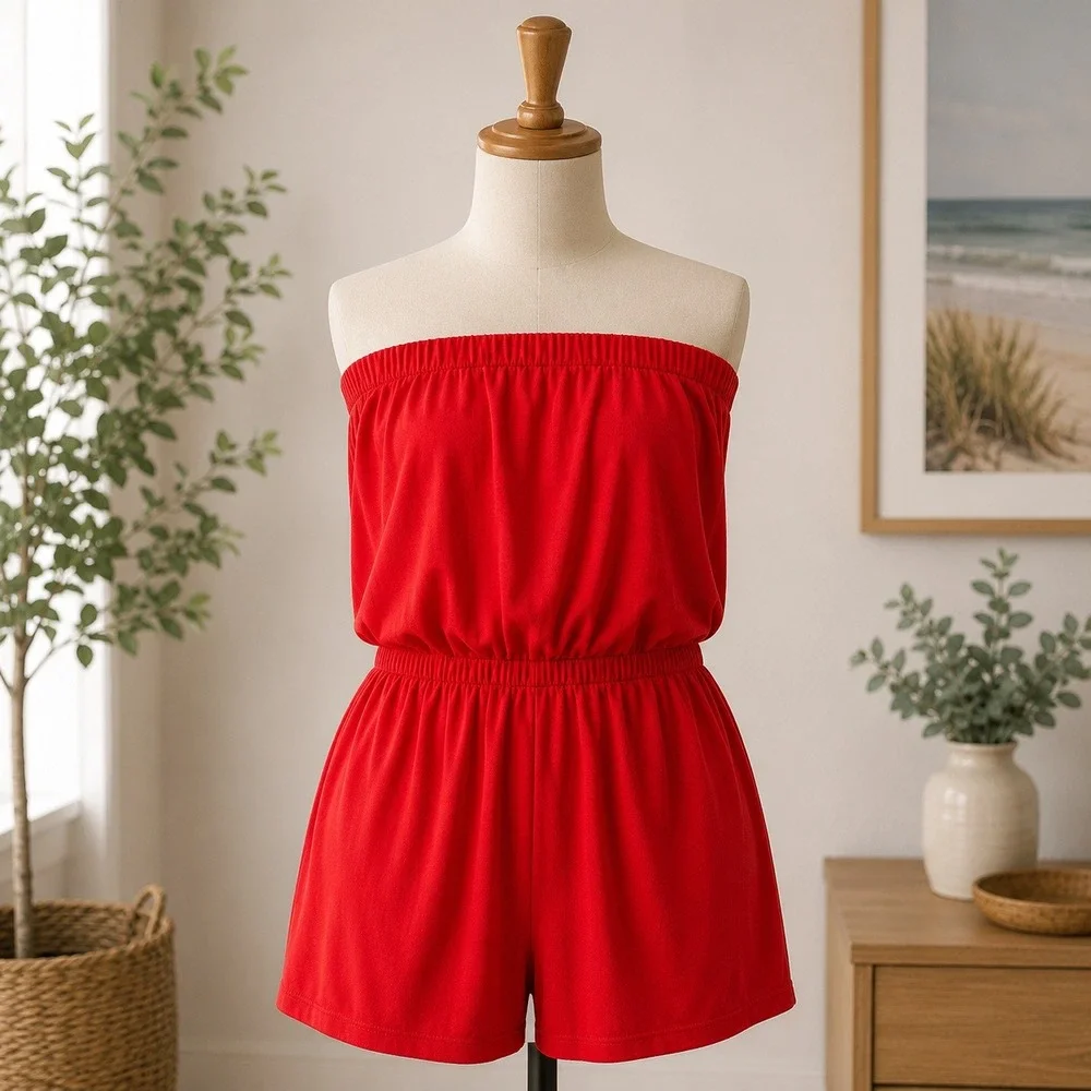 NWT Cupshe Romper Women Large Red Strapless Tube Top Elastic Waist CAA13F4H009EE